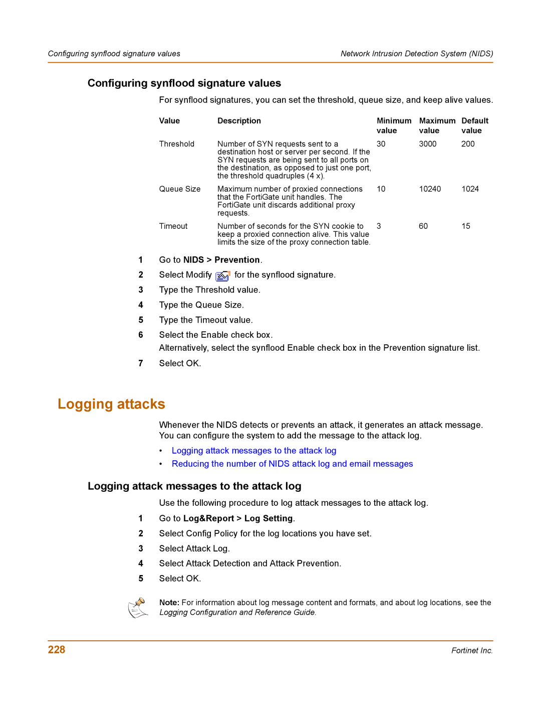 Fortinet 100 Logging attacks, Configuring synflood signature values, Logging attack messages to the attack log, 228 