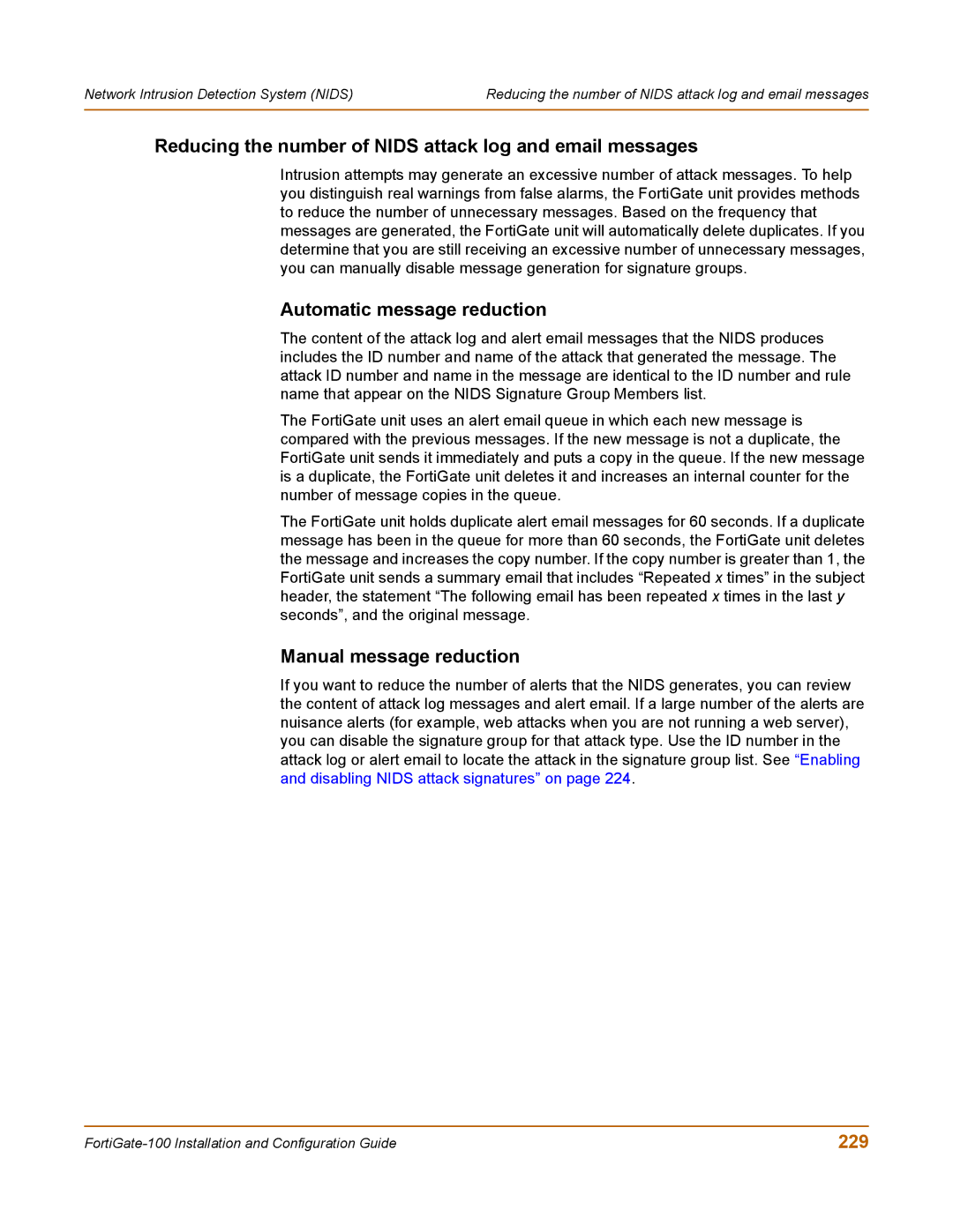 Fortinet 100 user manual Reducing the number of Nids attack log and email messages, Automatic message reduction, 229 