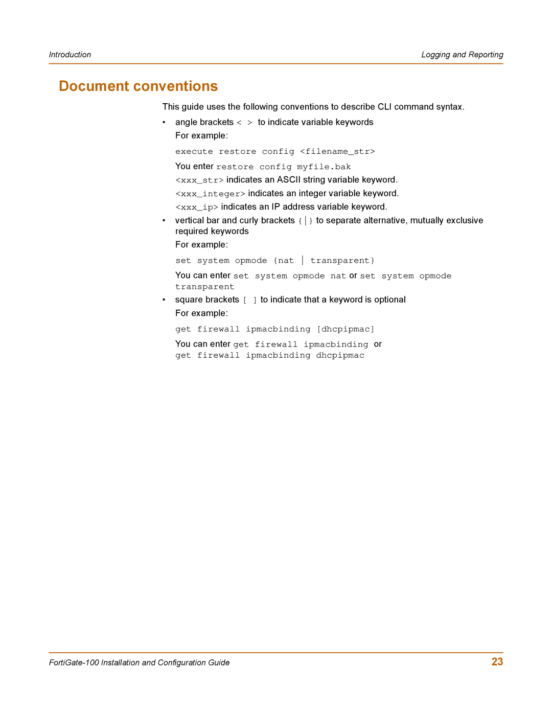 Fortinet 100 user manual Document conventions 