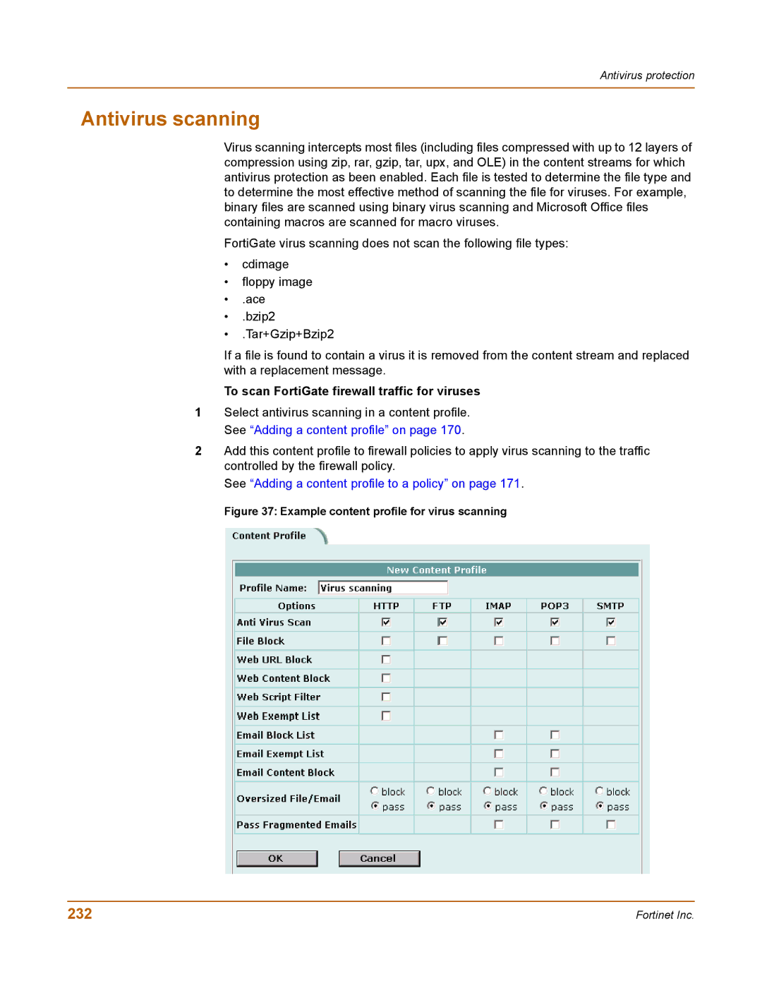 Fortinet 100 user manual Antivirus scanning, 232, To scan FortiGate firewall traffic for viruses 