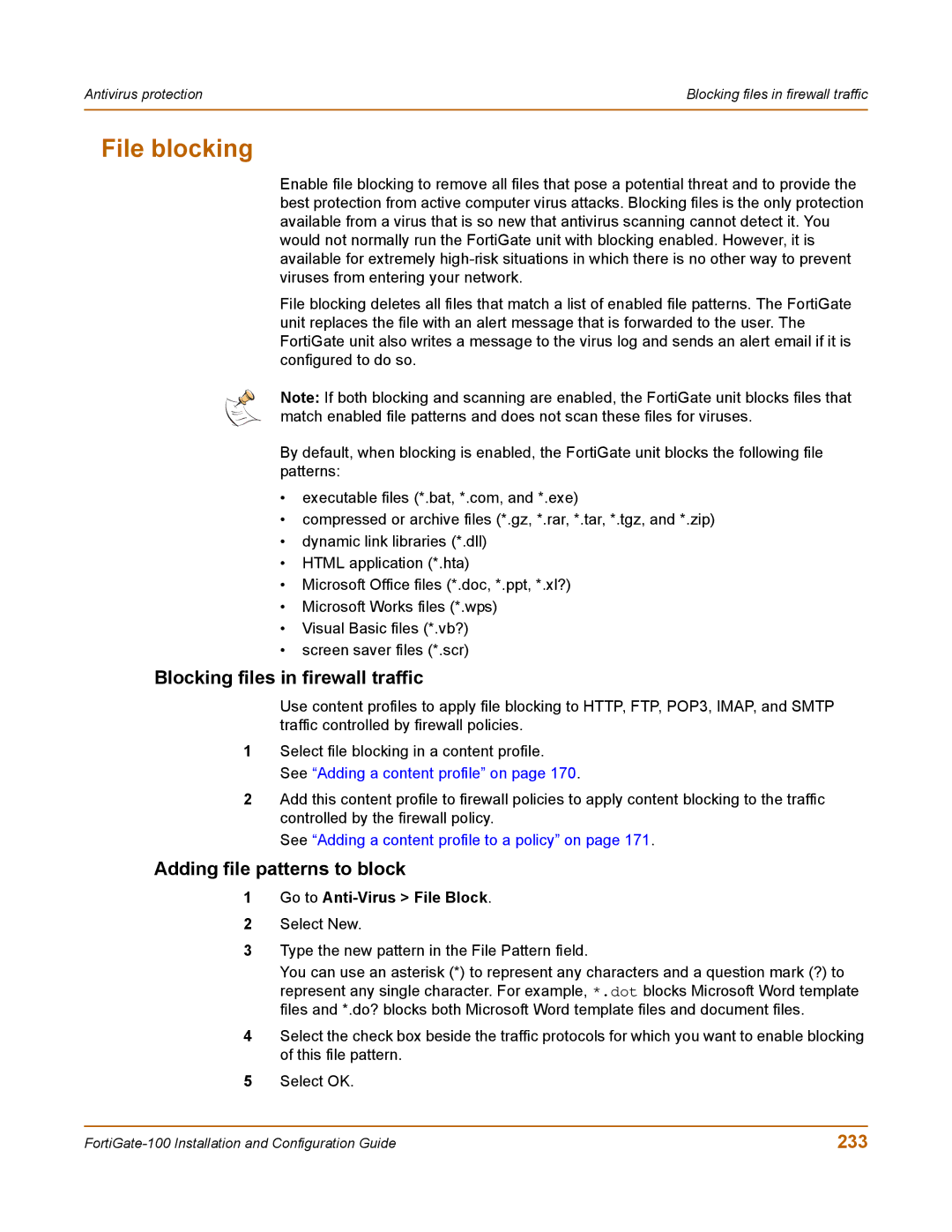 Fortinet 100 user manual File blocking, Blocking files in firewall traffic, Adding file patterns to block, 233 