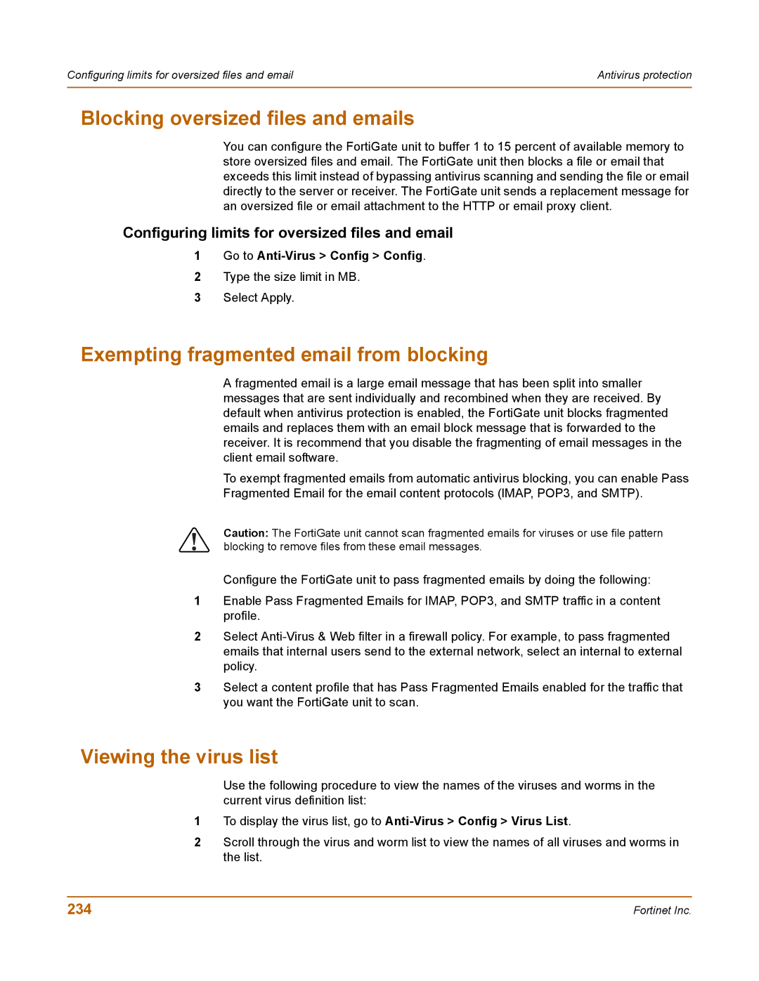 Fortinet 100 Blocking oversized files and emails, Exempting fragmented email from blocking, Viewing the virus list, 234 