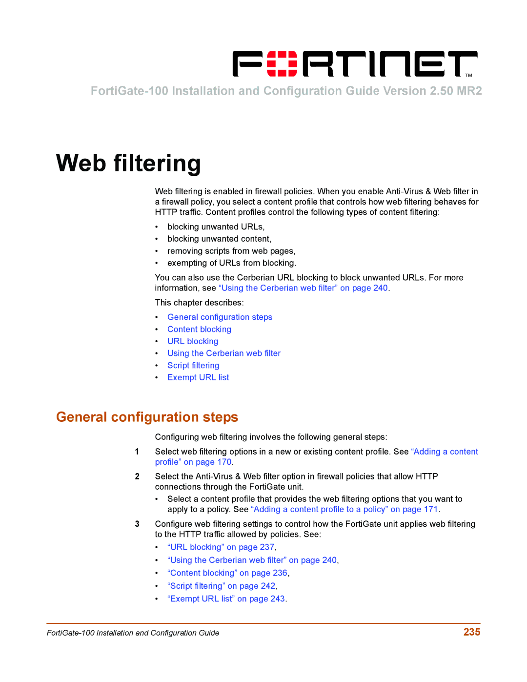 Fortinet 100 user manual Web filtering, 235 