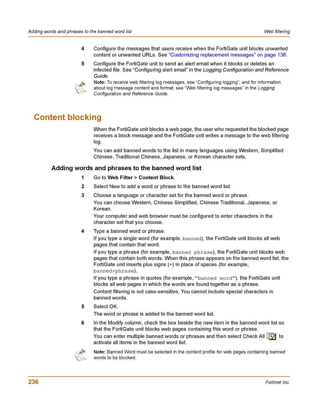 Fortinet 100 Content blocking, Adding words and phrases to the banned word list, 236, Go to Web Filter Content Block 