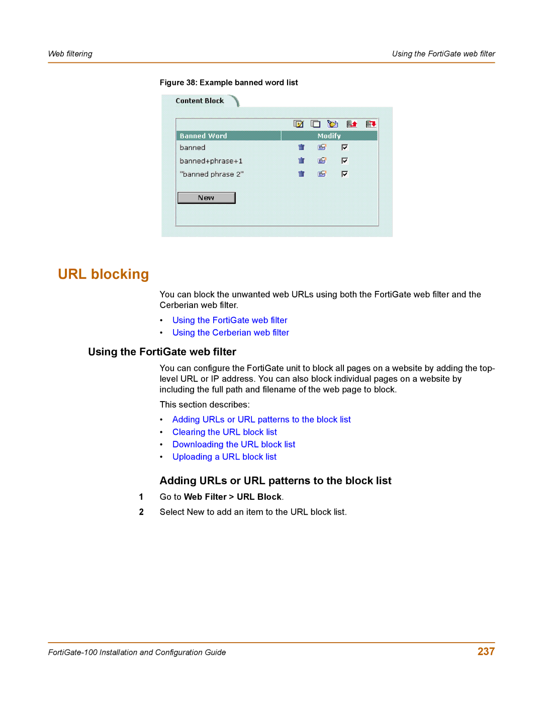 Fortinet 100 user manual URL blocking, Using the FortiGate web filter, Adding URLs or URL patterns to the block list, 237 