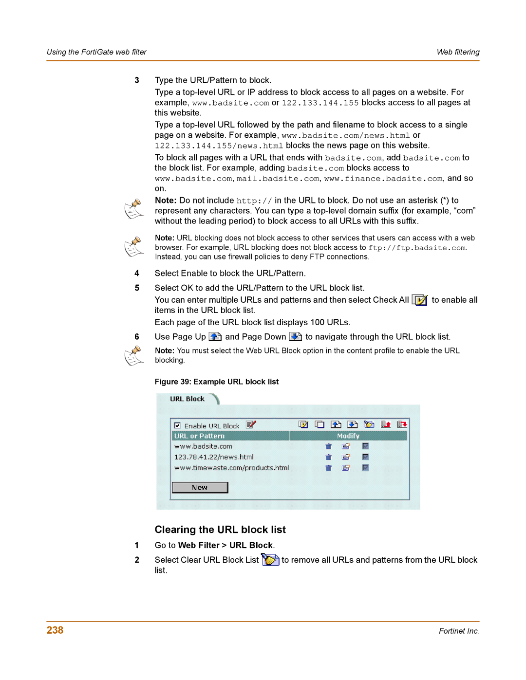 Fortinet 100 user manual Clearing the URL block list, 238 