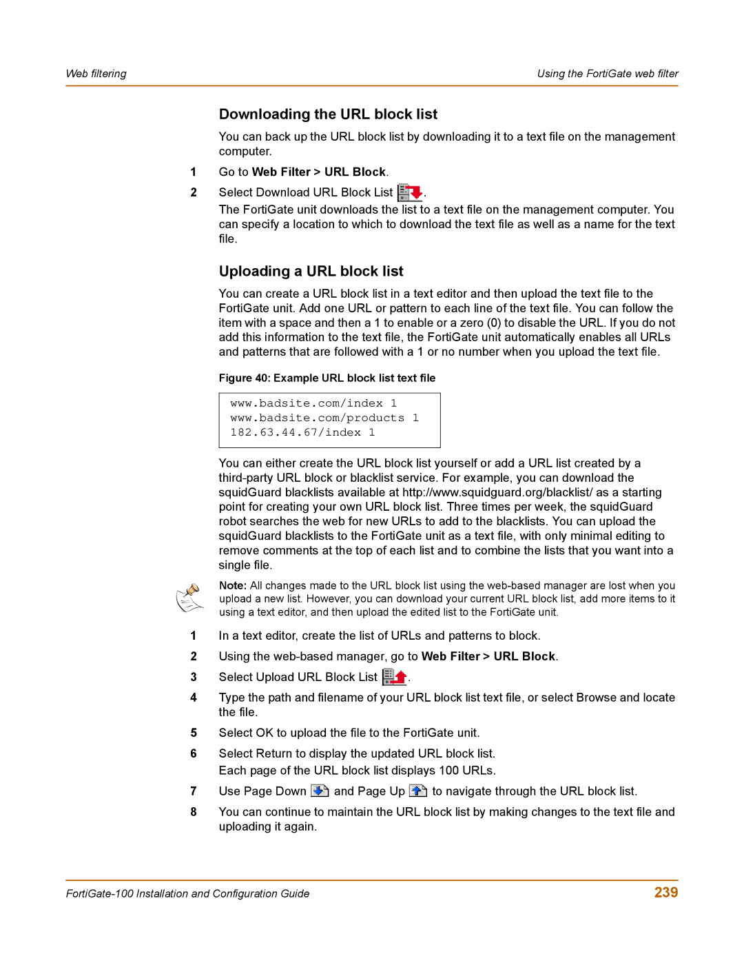 Fortinet 100 user manual Downloading the URL block list, Uploading a URL block list, 239 