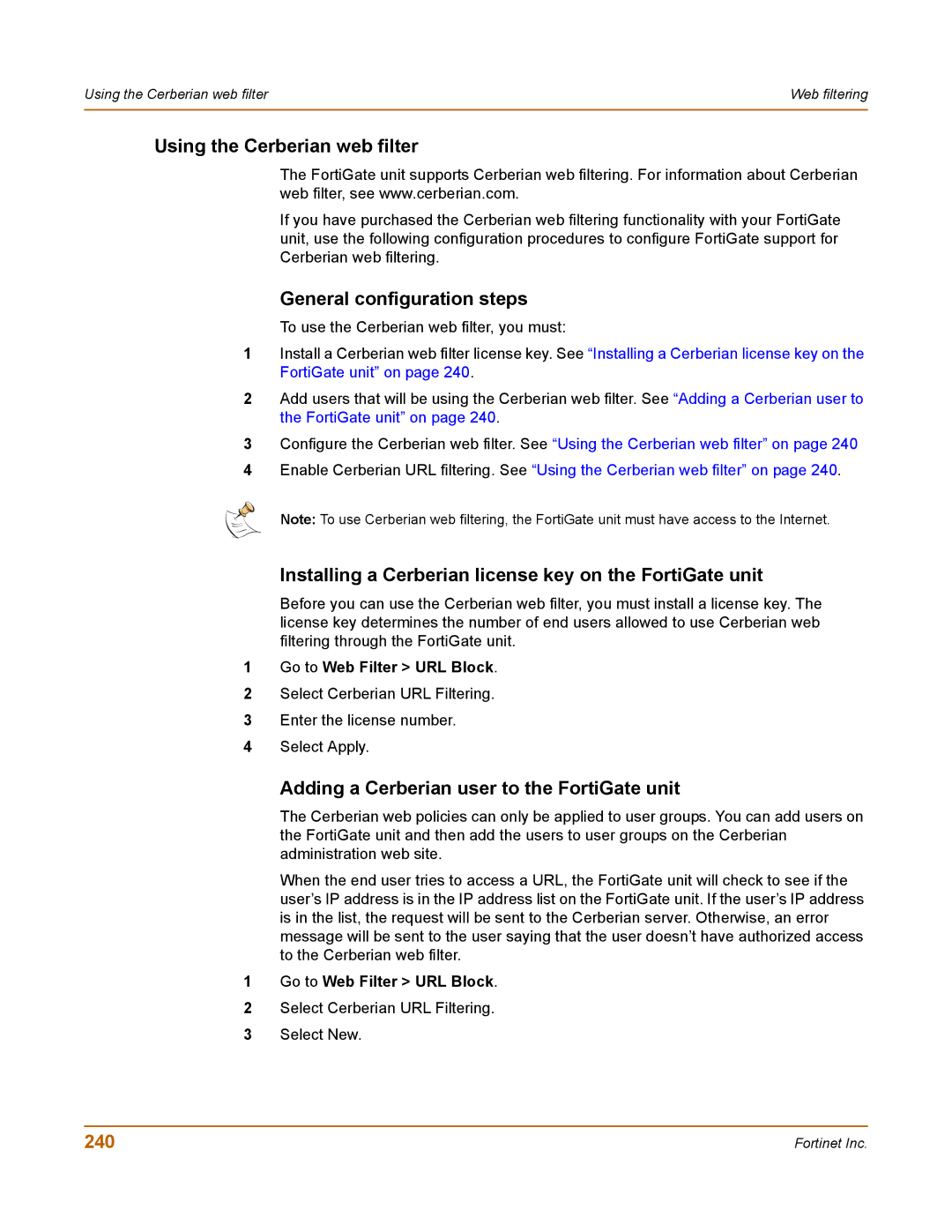 Fortinet 100 user manual Using the Cerberian web filter, Installing a Cerberian license key on the FortiGate unit, 240 