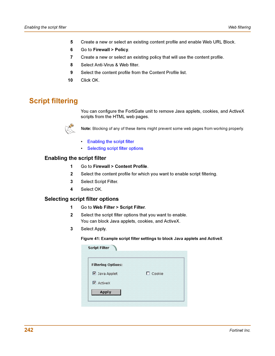 Fortinet 100 user manual Script filtering, Enabling the script filter, Selecting script filter options, 242 