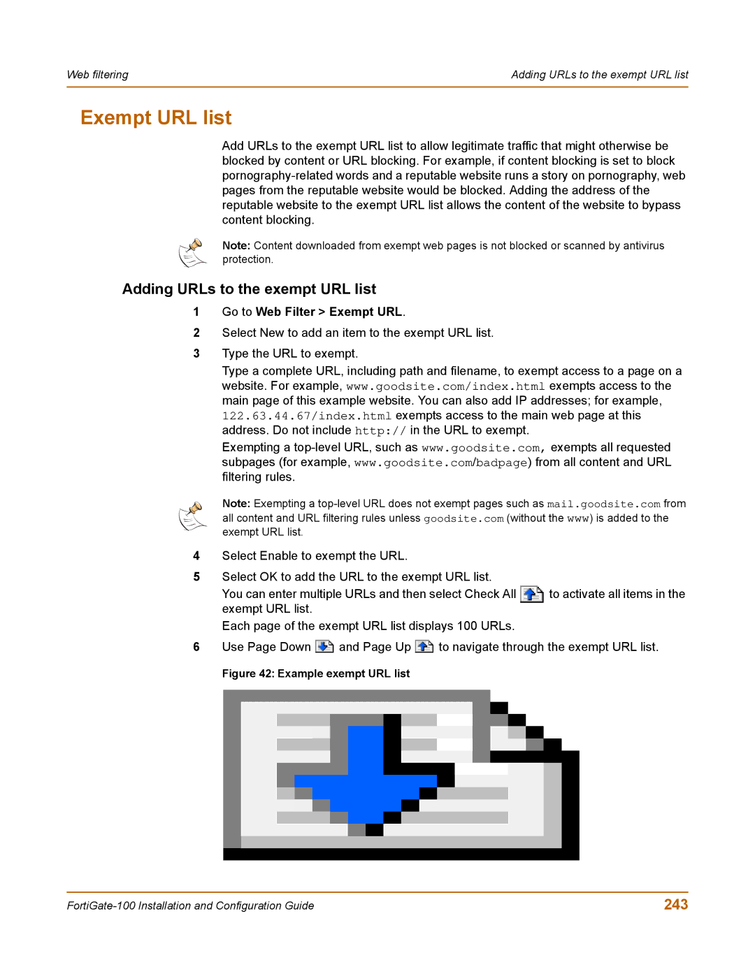 Fortinet 100 user manual Exempt URL list, Adding URLs to the exempt URL list, 243, Go to Web Filter Exempt URL 