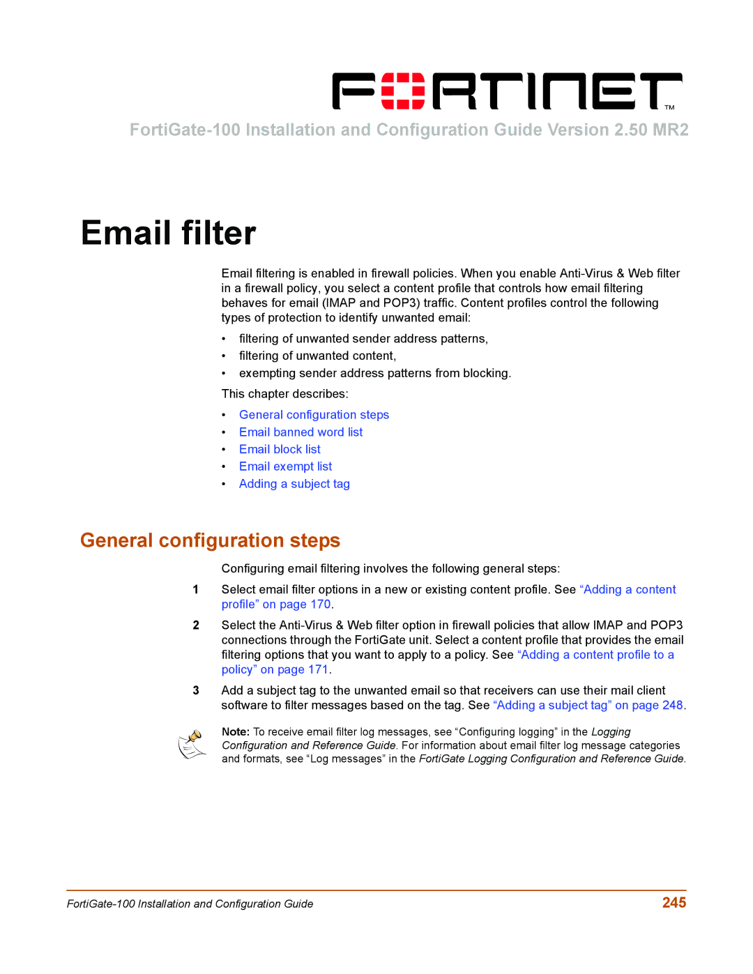 Fortinet 100 user manual Email filter, 245 