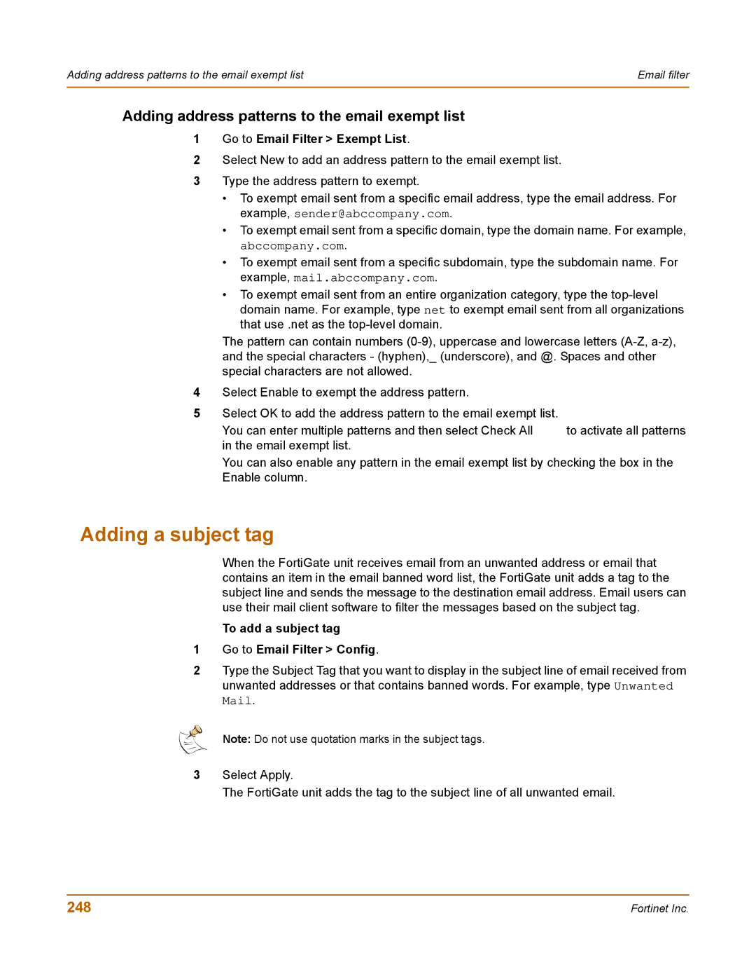 Fortinet 100 Adding a subject tag, Adding address patterns to the email exempt list, 248, Go to Email Filter Exempt List 