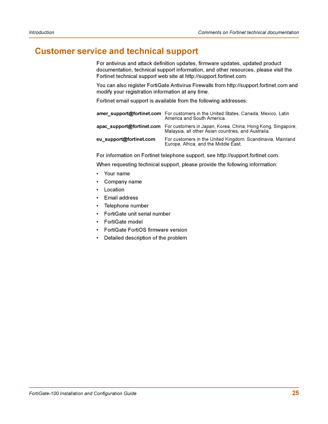 Fortinet 100 user manual Customer service and technical support 