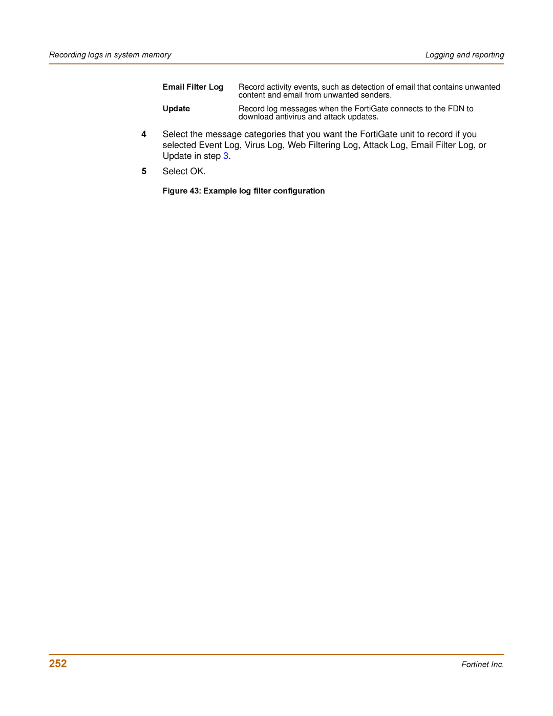 Fortinet 100 user manual 252, Example log filter configuration 