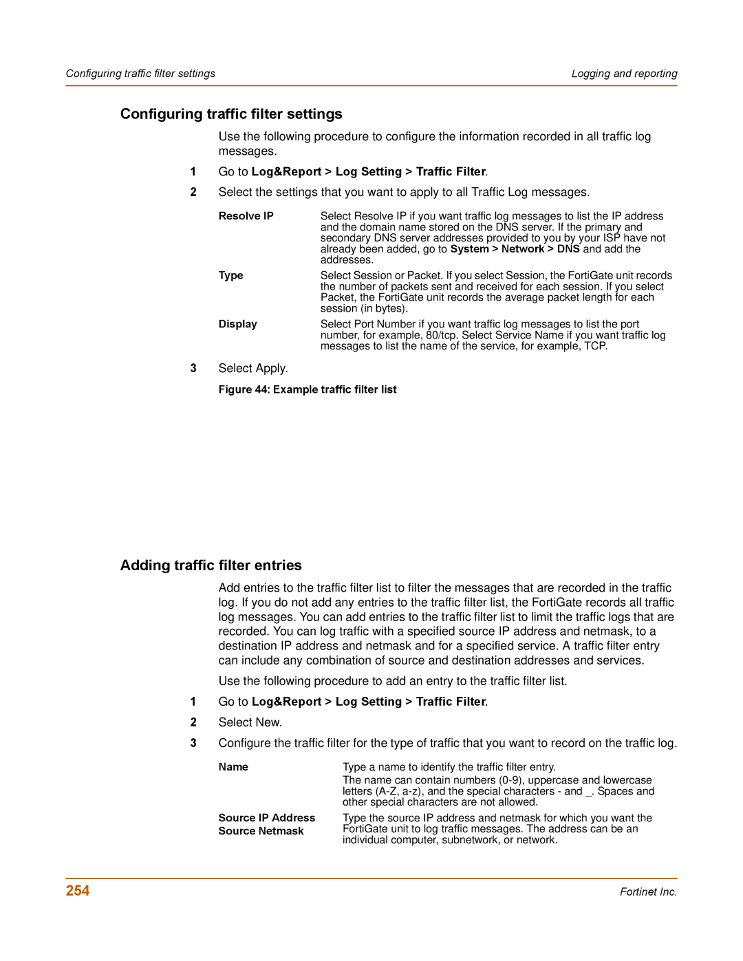 Fortinet 100 user manual Configuring traffic filter settings, Adding traffic filter entries, 254 