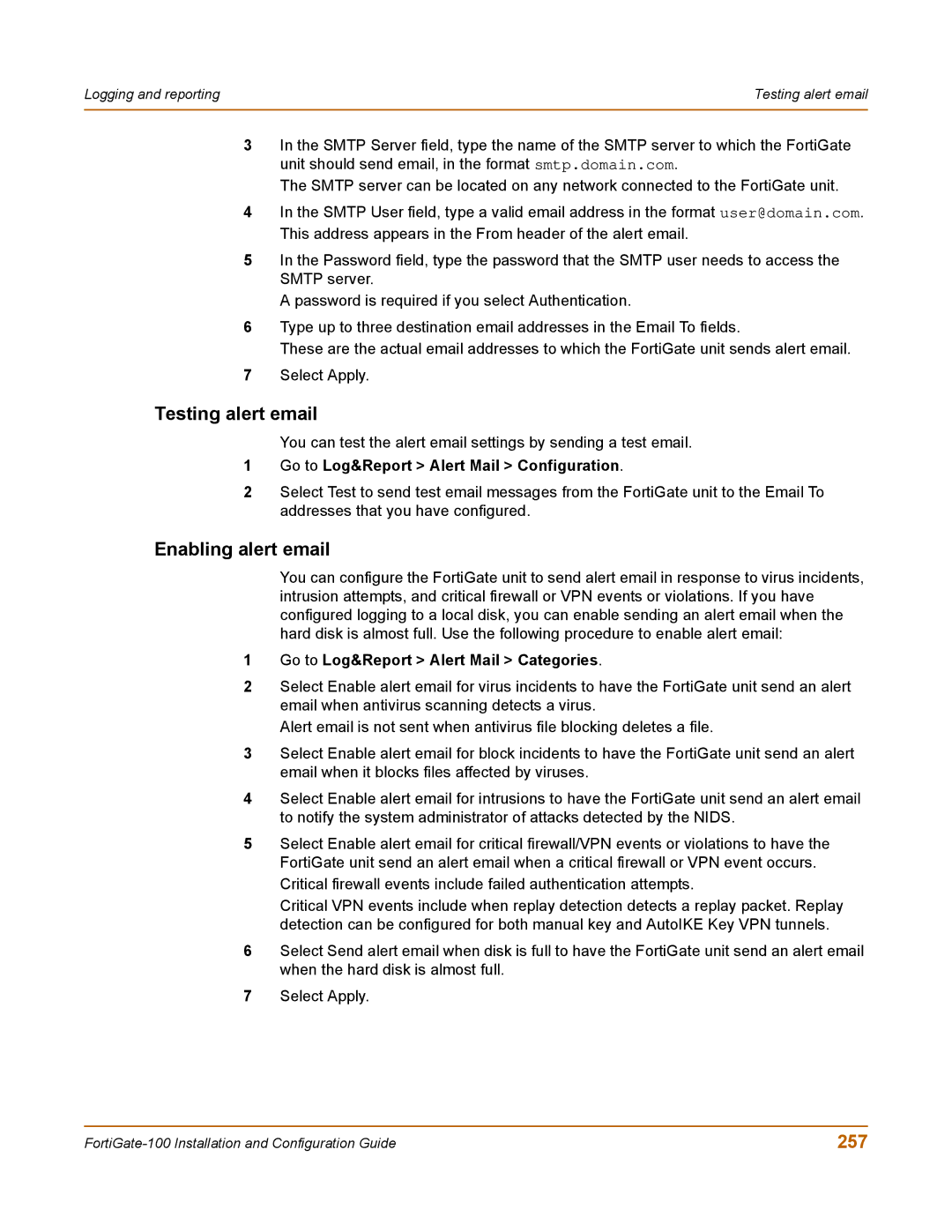 Fortinet 100 user manual Testing alert email, Enabling alert email, 257, Go to Log&Report Alert Mail Categories 