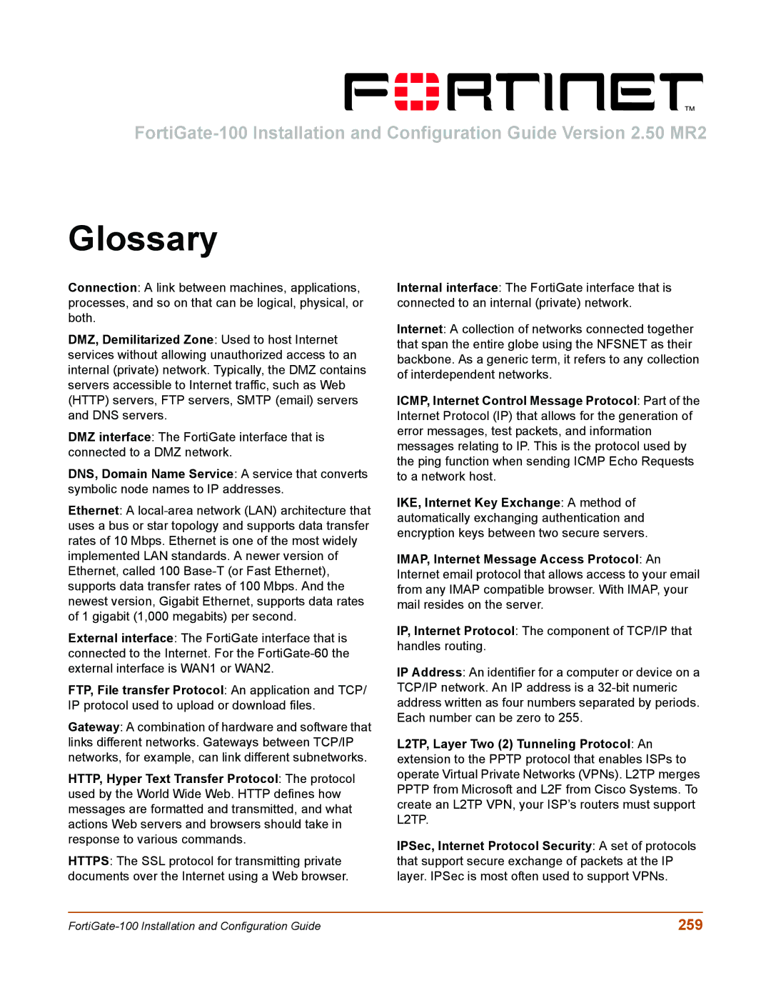 Fortinet 100 user manual Glossary, 259 