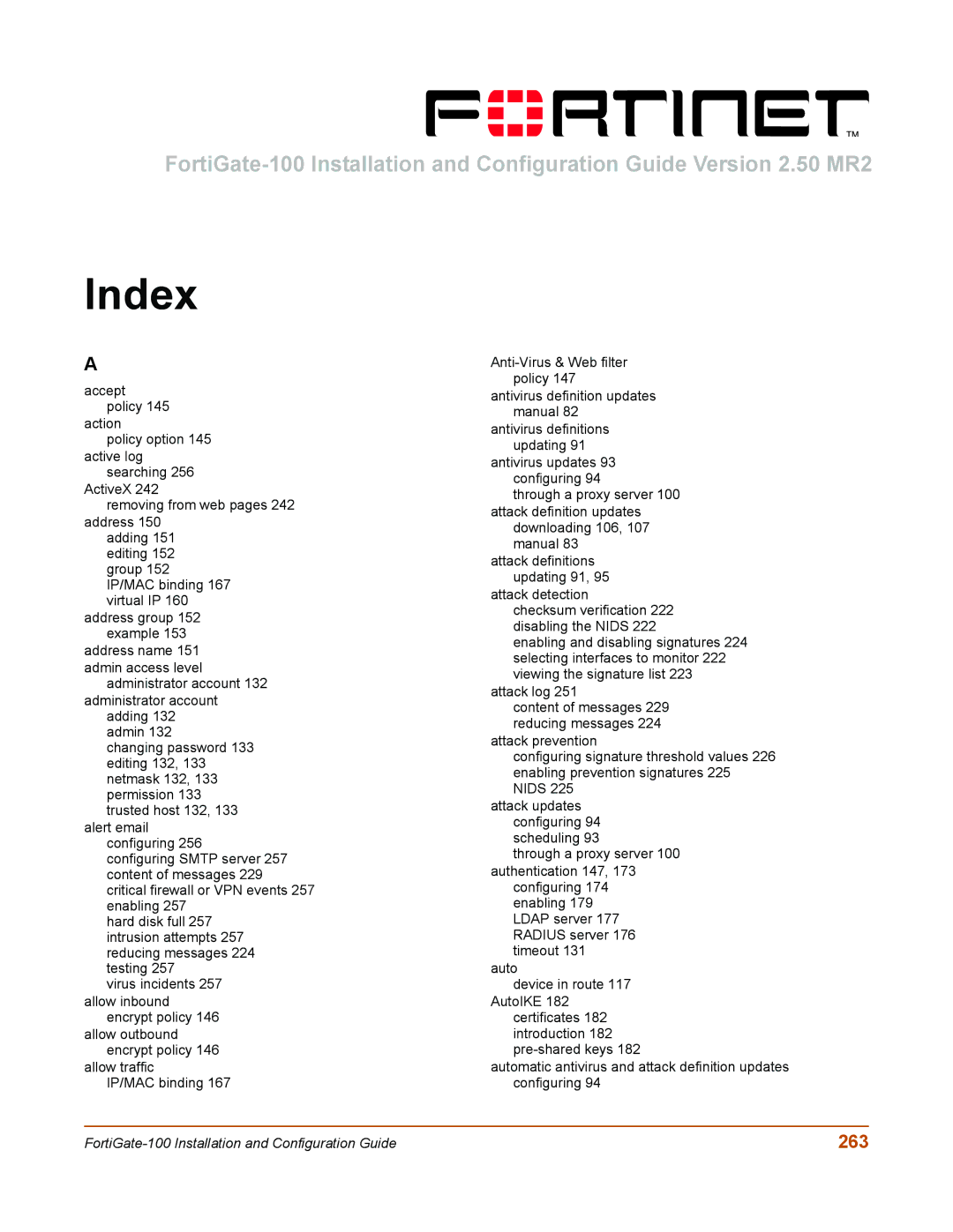 Fortinet 100 user manual Index, 263 