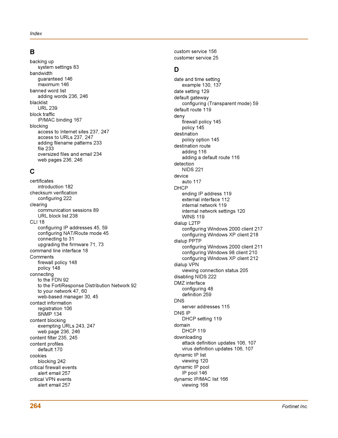 Fortinet 100 user manual 264, Index 