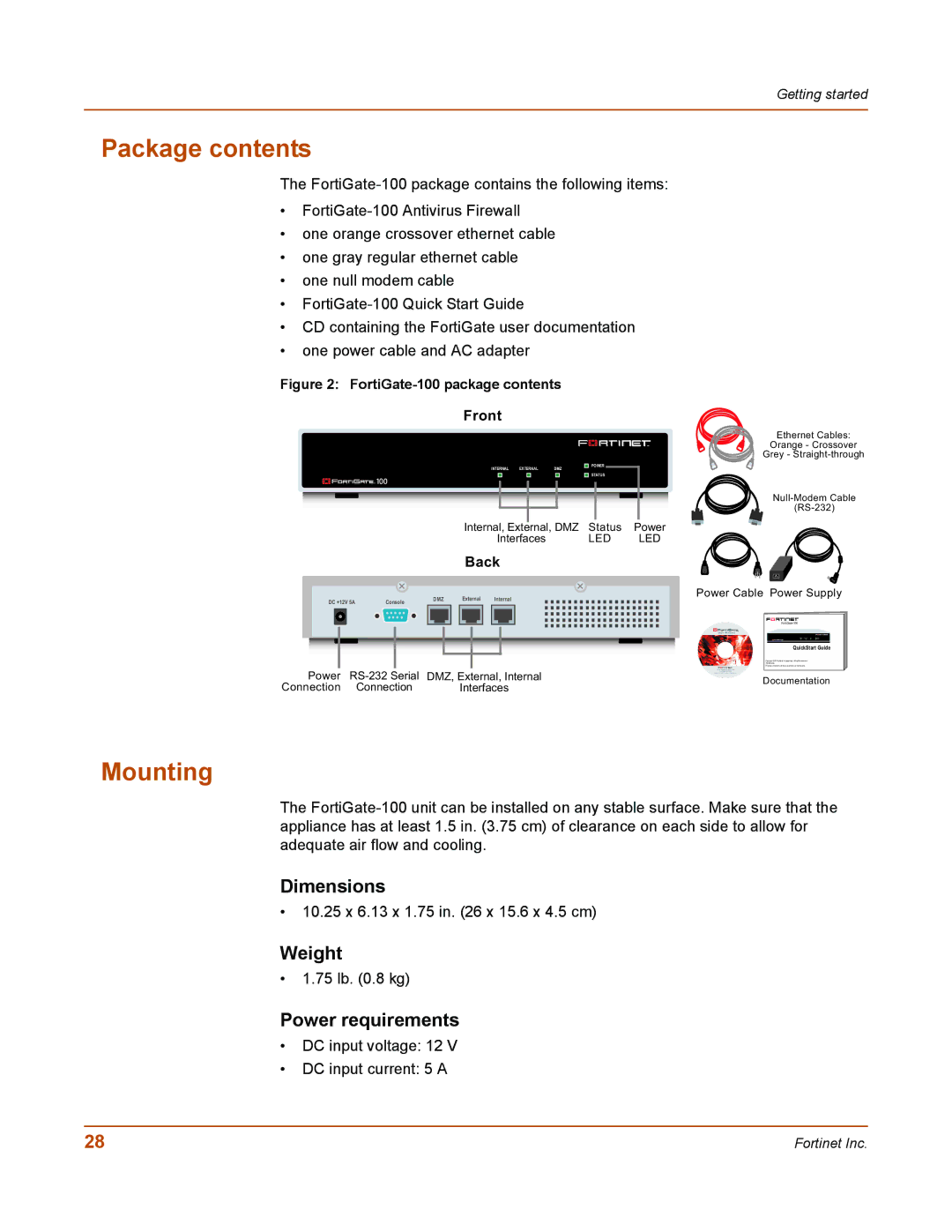 Fortinet 100 user manual Package contents, Mounting 