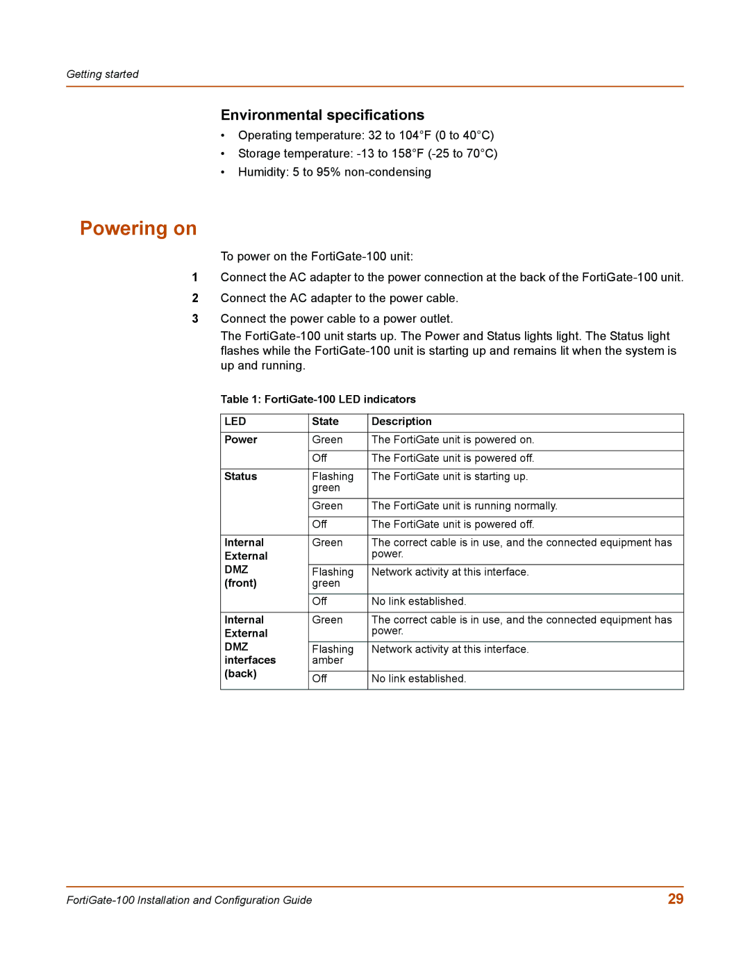 Fortinet 100 user manual Powering on, Environmental specifications 