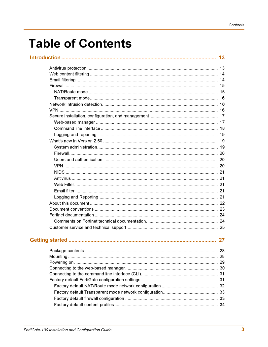 Fortinet 100 user manual Table of Contents 