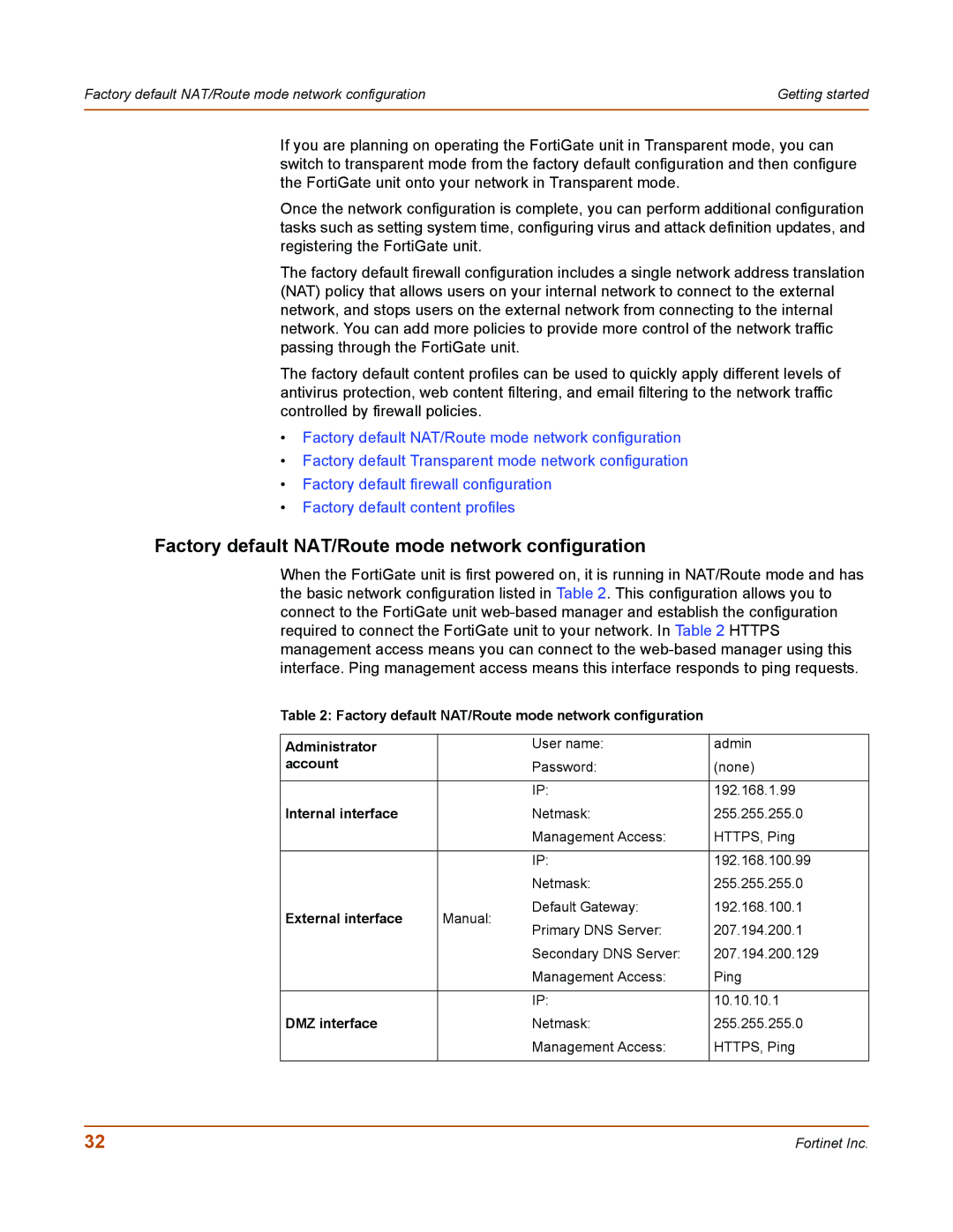 Fortinet 100 Factory default NAT/Route mode network configuration, Account, Internal interface, External interface 