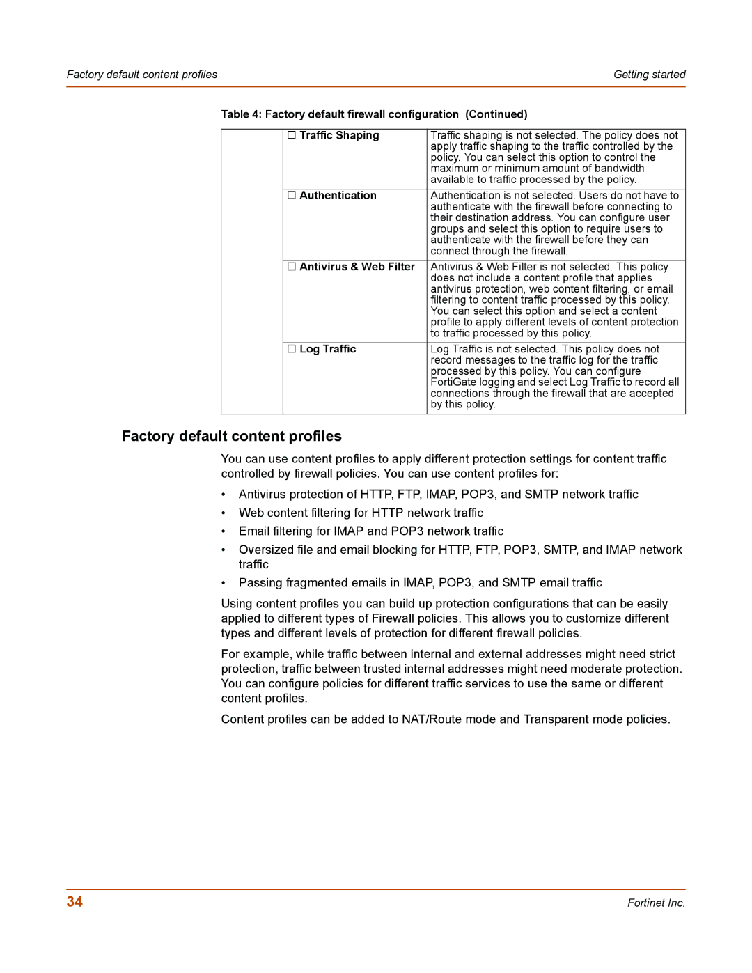 Fortinet 100 Factory default content profiles, Factory default firewall configuration Traffic Shaping, Authentication 