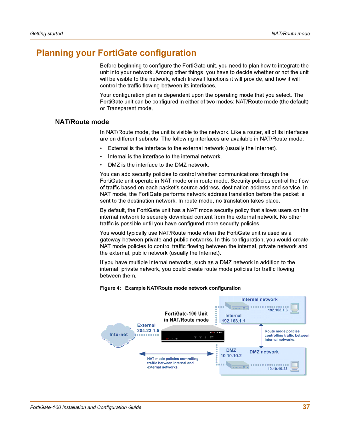 Fortinet 100 user manual Planning your FortiGate configuration, Example NAT/Route mode network configuration 