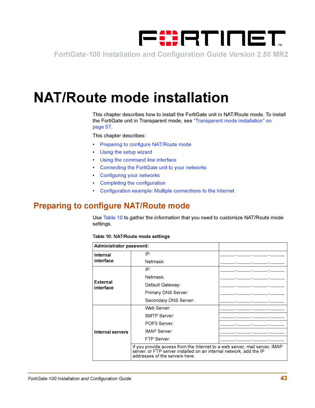 Fortinet 100 user manual NAT/Route mode installation, Preparing to configure NAT/Route mode, Internal servers 