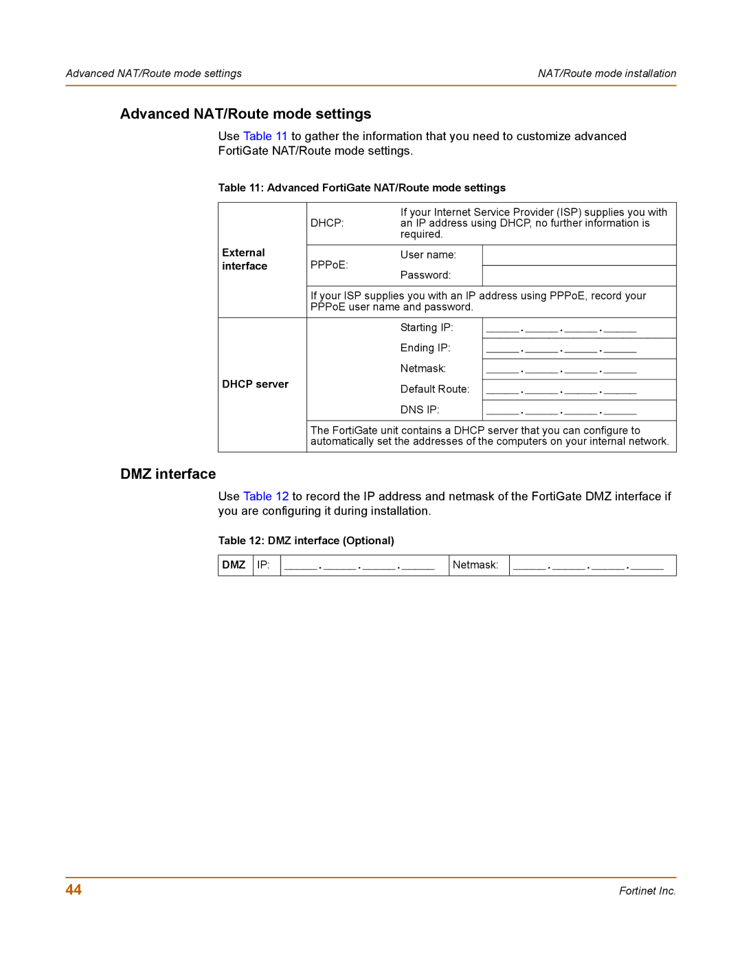 Fortinet 100 Advanced NAT/Route mode settings, DMZ interface, Advanced FortiGate NAT/Route mode settings, Dhcp server 