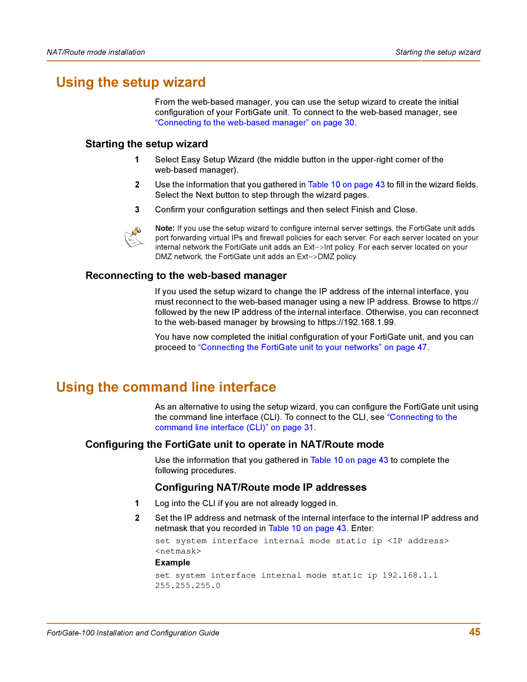 Fortinet 100 user manual Using the setup wizard, Using the command line interface 