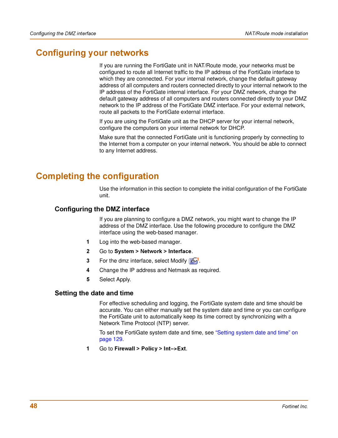 Fortinet 100 user manual Configuring your networks, Completing the configuration, Configuring the DMZ interface 