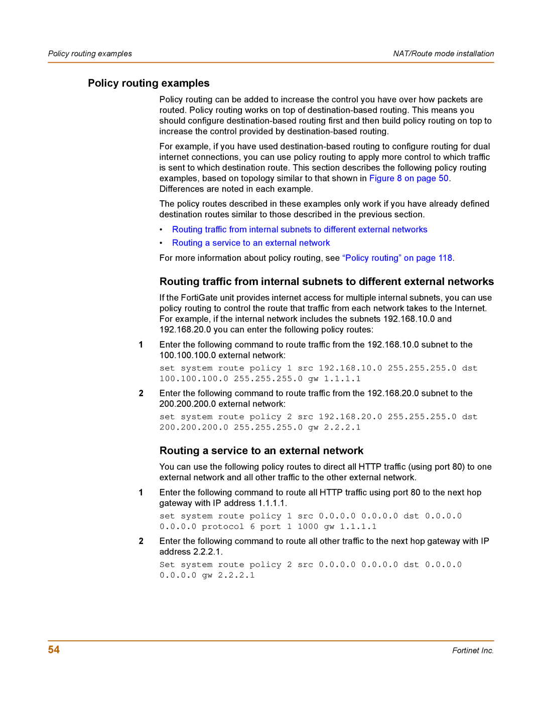 Fortinet 100 user manual Policy routing examples, Routing a service to an external network 