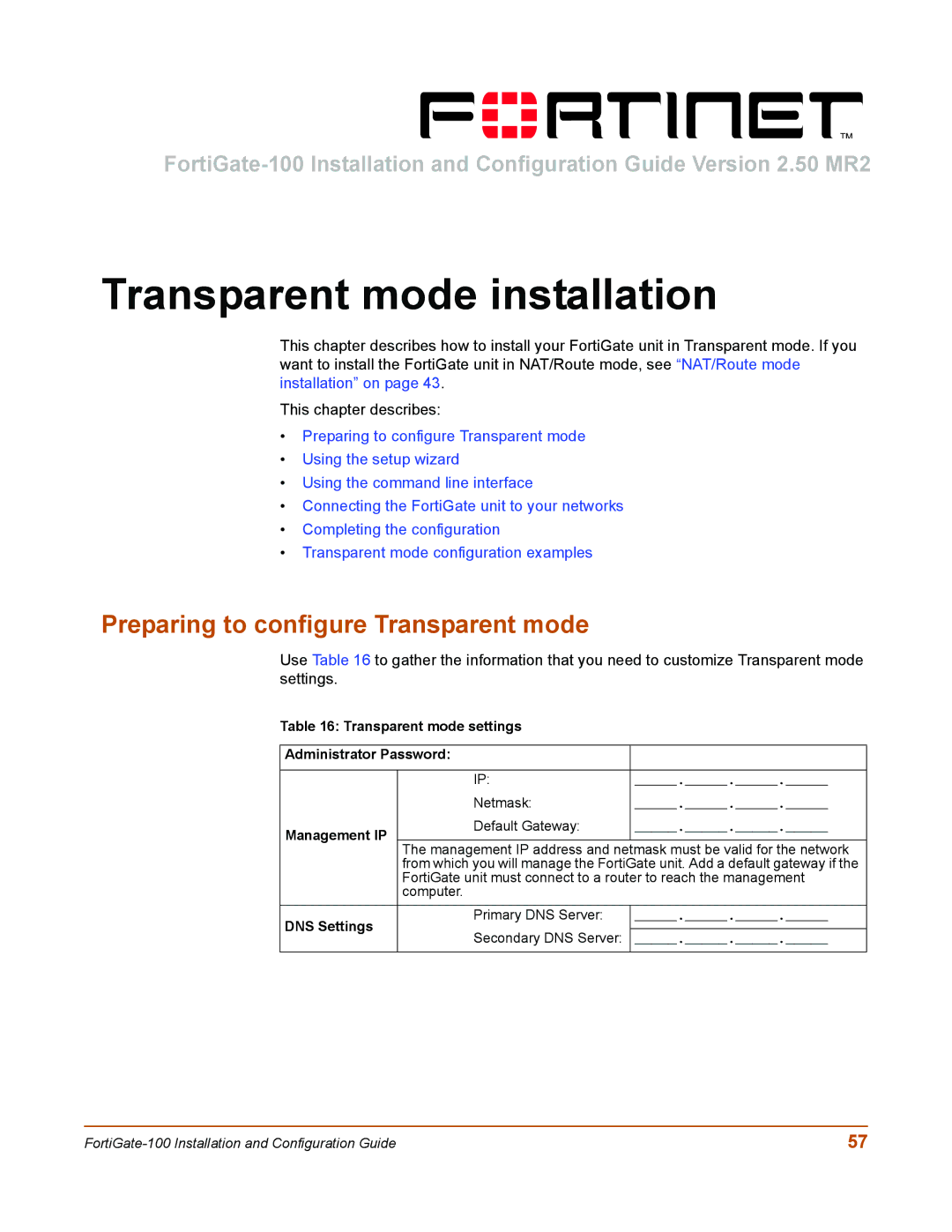 Fortinet 100 user manual Transparent mode installation, Preparing to configure Transparent mode, DNS Settings 