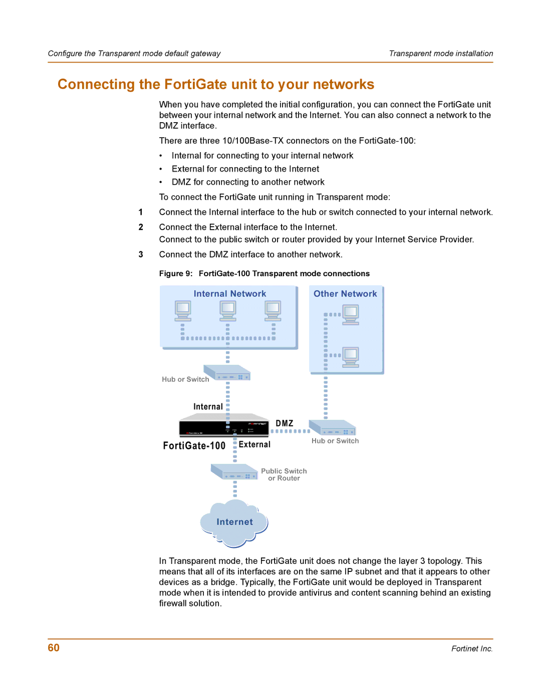 Fortinet user manual FortiGate-100 Transparent mode connections 