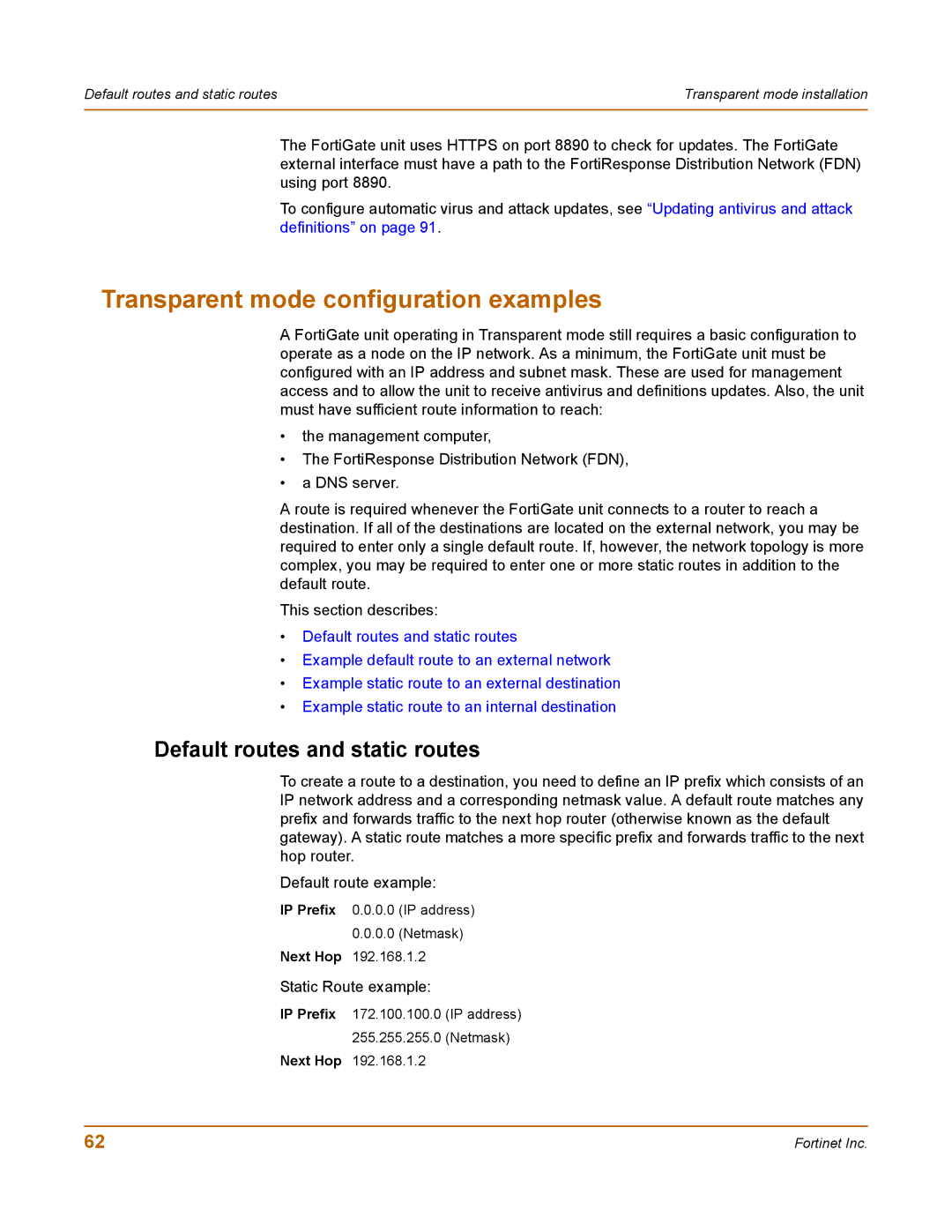 Fortinet 100 user manual Transparent mode configuration examples, Default routes and static routes 