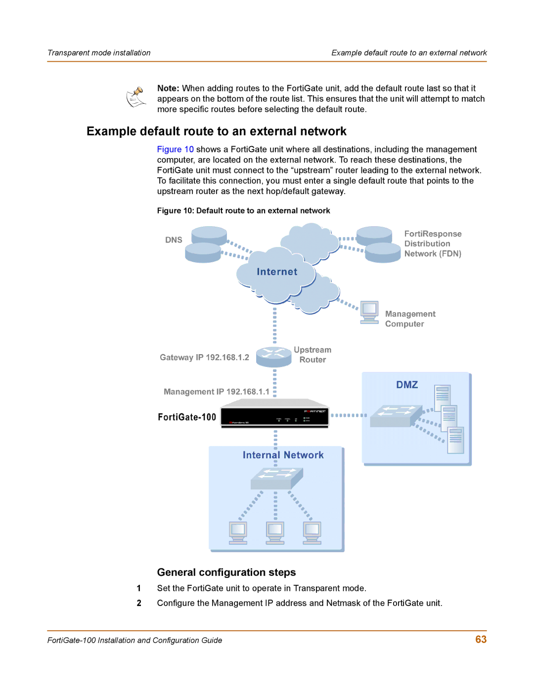 Fortinet 100 user manual General configuration steps, Default route to an external network 