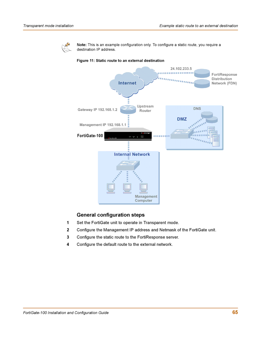 Fortinet 100 user manual Static route to an external destination 