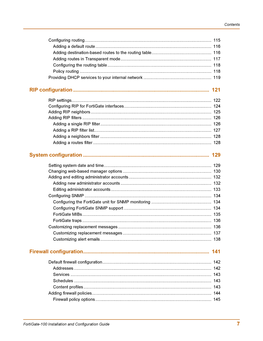 Fortinet 100 user manual RIP configuration 121 