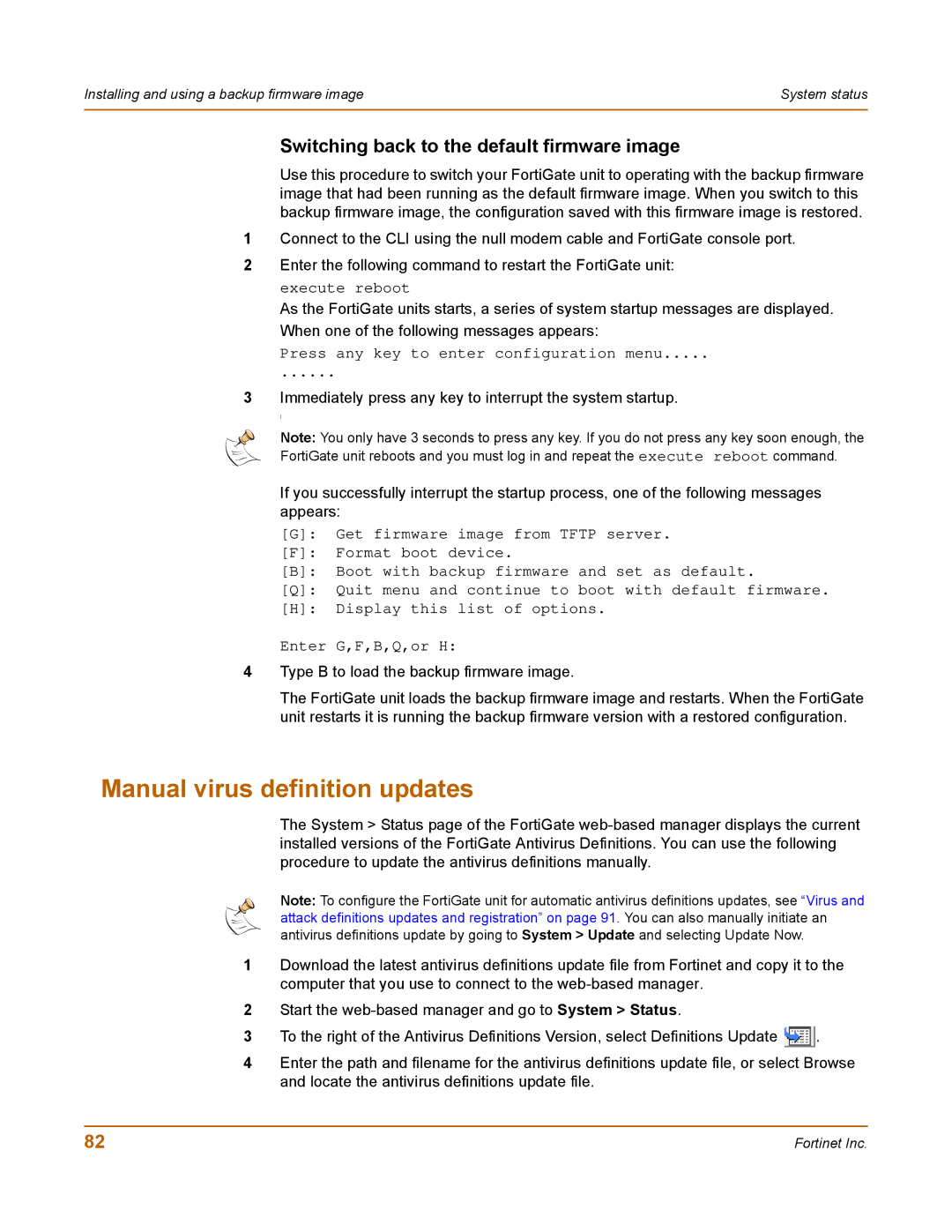 Fortinet 100 user manual Manual virus definition updates, Switching back to the default firmware image 