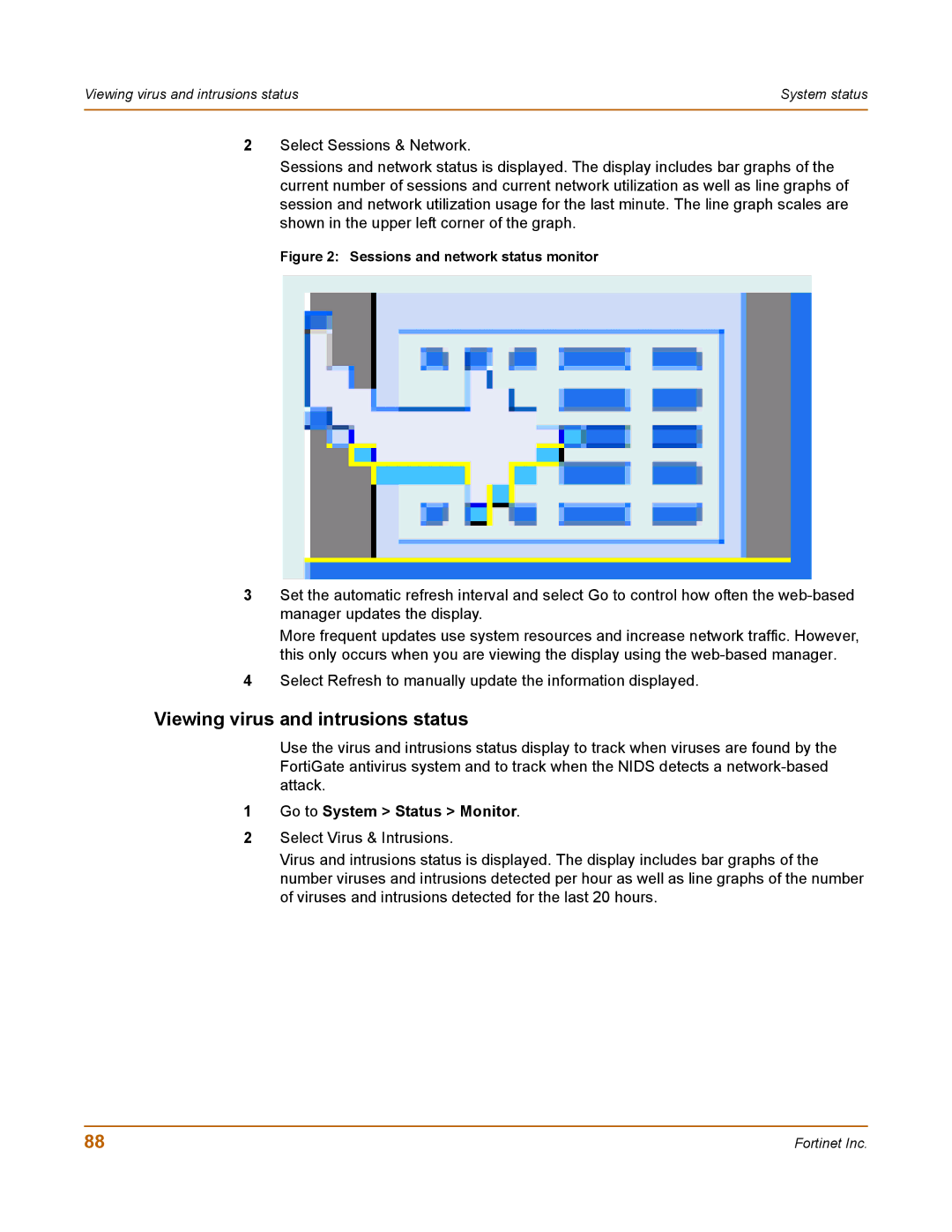 Fortinet 100 user manual Viewing virus and intrusions status, Sessions and network status monitor 