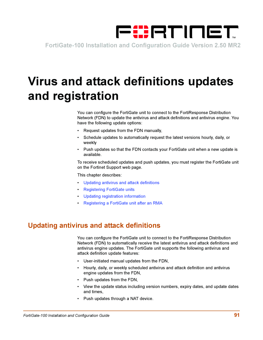 Fortinet 100 user manual Virus and attack definitions updates and registration, Updating antivirus and attack definitions 