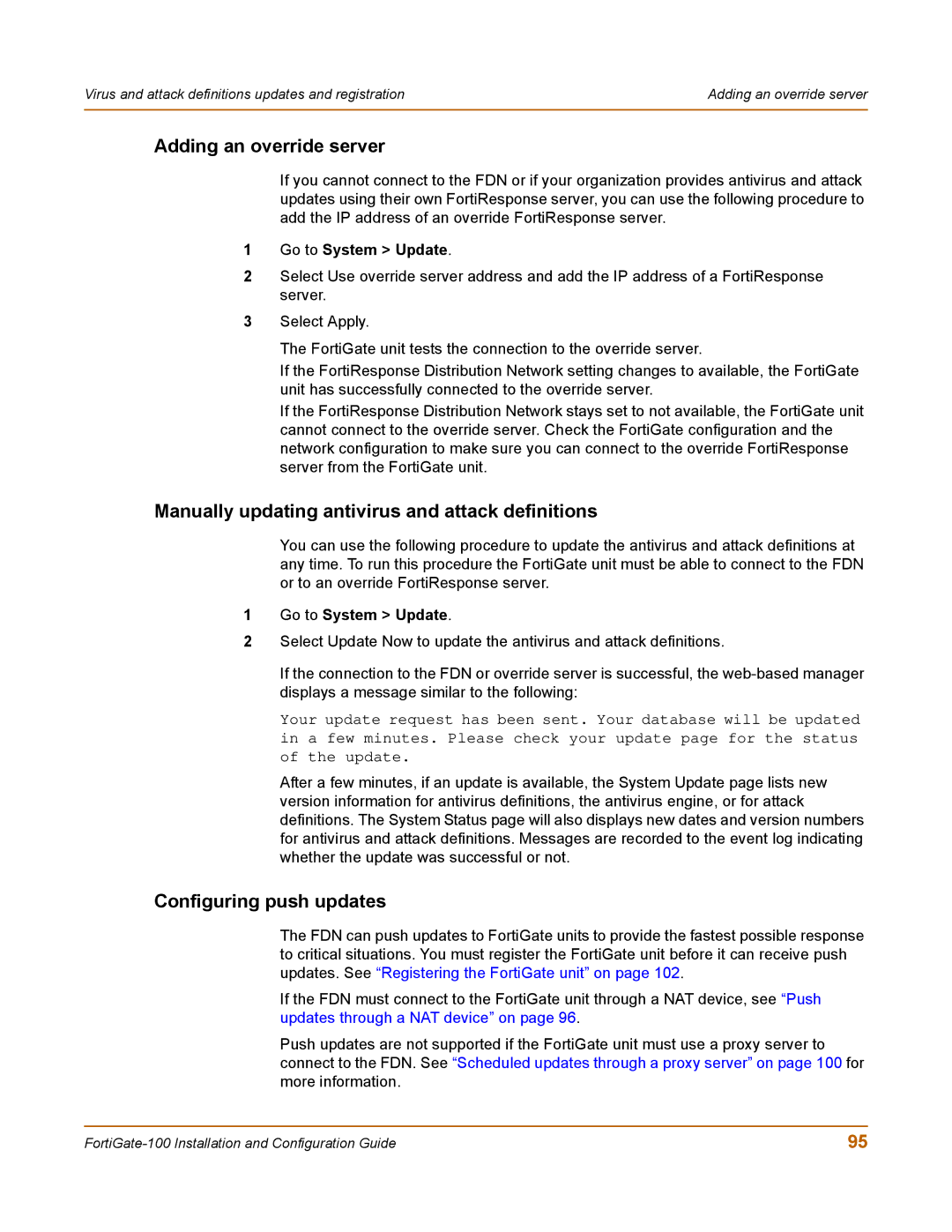 Fortinet 100 Adding an override server, Manually updating antivirus and attack definitions, Configuring push updates 