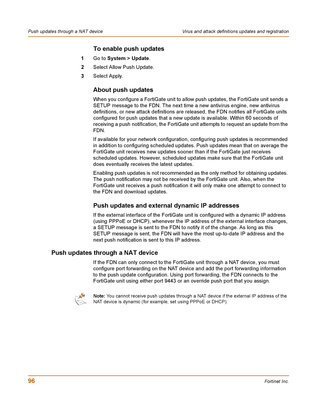 Fortinet 100 user manual To enable push updates, About push updates, Push updates and external dynamic IP addresses 