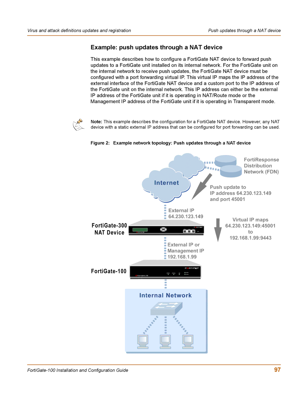 Fortinet 100 Example push updates through a NAT device, Example network topology Push updates through a NAT device 