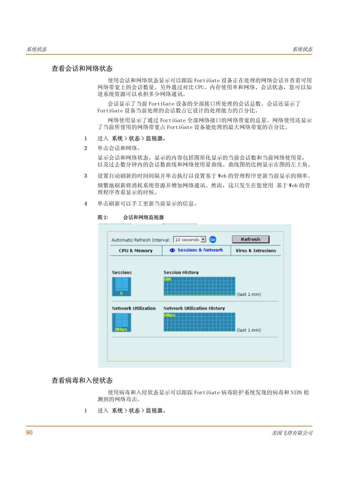 Fortinet 1000 manual 查看会话和网络状态, 查看病毒和入侵状态, 使用病毒和入侵状态显示可以跟踪 FortiGate 病毒防护系统发现的病毒和 Nids 检 测到的网络攻击。, 会话和网络监视器 