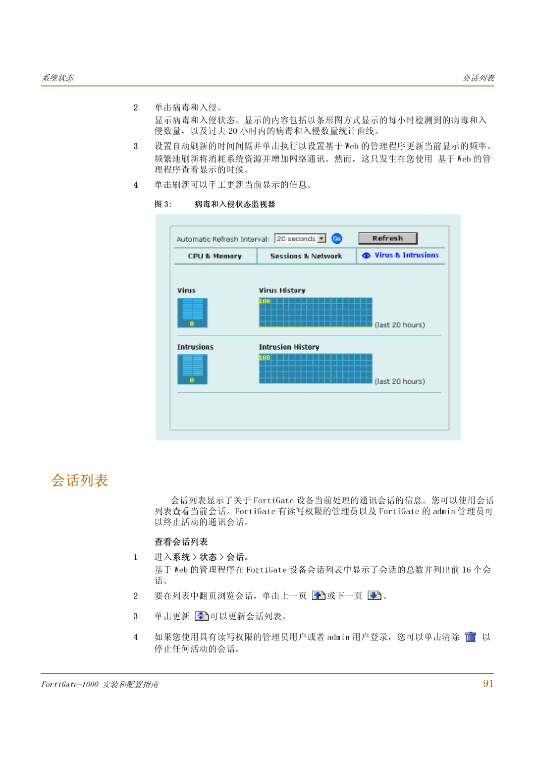 Fortinet 1000 manual 查看会话列表 进入系统 状态 会话。, 病毒和入侵状态监视器 