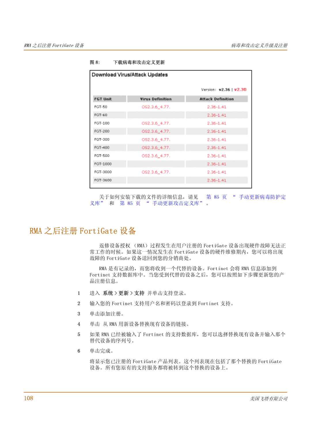 Fortinet 1000 manual RMA 之后注册 FortiGate 设备, 108, 下载病毒和攻击定义更新 