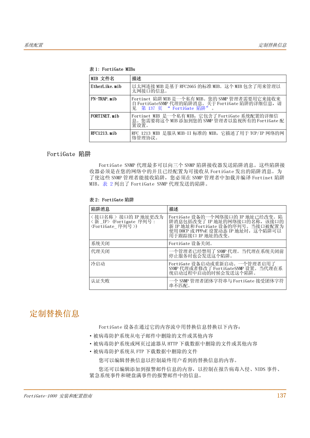 Fortinet 1000 manual 定制替换信息, FortiGate 陷阱, 137 